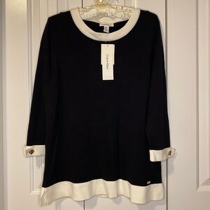 Calvin Klein Black and White 3/4 Sleeve Sweater with Gold Accents NWT